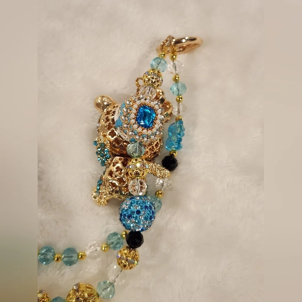 Gold and Blue Beaded Teddy Bear With Crown Bag Chain